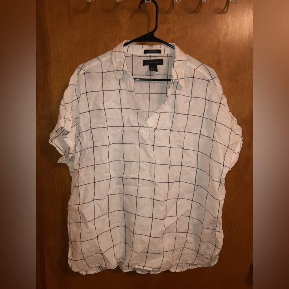 Tahari, Short-Sleeve, Collared Top, White and black, Women’s size XL
